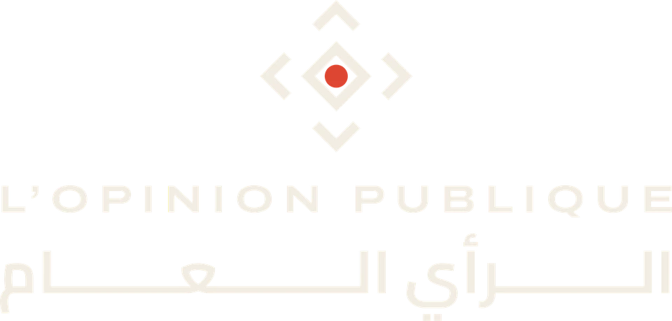The L&rsquo;Opinion Publique lockup: the eye logo above the name in Latin and Arabic
